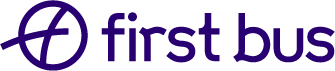 Logo of "first bus" in purple font, featuring a stylized lowercase "f" within a circle on the left, conveying a modern feel.