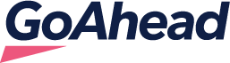 Logo of GoAhead featuring the name in bold, dark blue letters. Below, a small red triangle adds a dynamic, forward-moving feel.