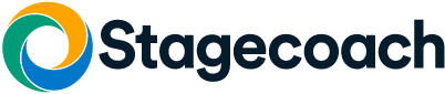 Stagecoach logo features an interlocking swirl of blue, green, and orange beside the bold, dark blue text "Stagecoach".