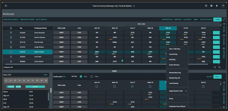 Dark-themed spreadsheet interface displaying employee schedule details. It includes columns for ID, names, plans, and dates. A dropdown menu offers options like view/edit, add duty, and employee hours. The layout is organized and functional.