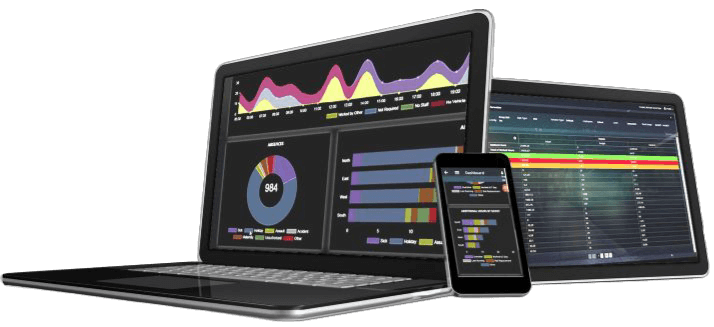 A laptop, tablet, and smartphone display vibrant charts and graphs, including line graphs and bar charts, conveying data visualization and analytics.