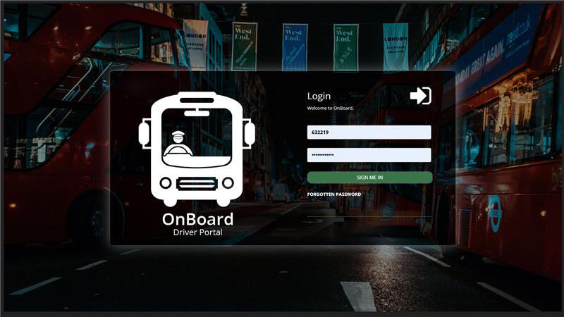 Login screen for "OnBoard Driver Portal" featuring a bus icon with a driver. Background shows city street with red double-decker buses at night.