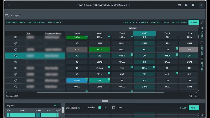 A digital employee worksheet showing shifts and attendance for a week in 2025. Rows list employees, columns represent days. Colour coding highlights various work statuses like 'DO' and 'UNAL.' Navigation tabs at the top include options for employee search and absence management. The interface has a modern, streamlined design.