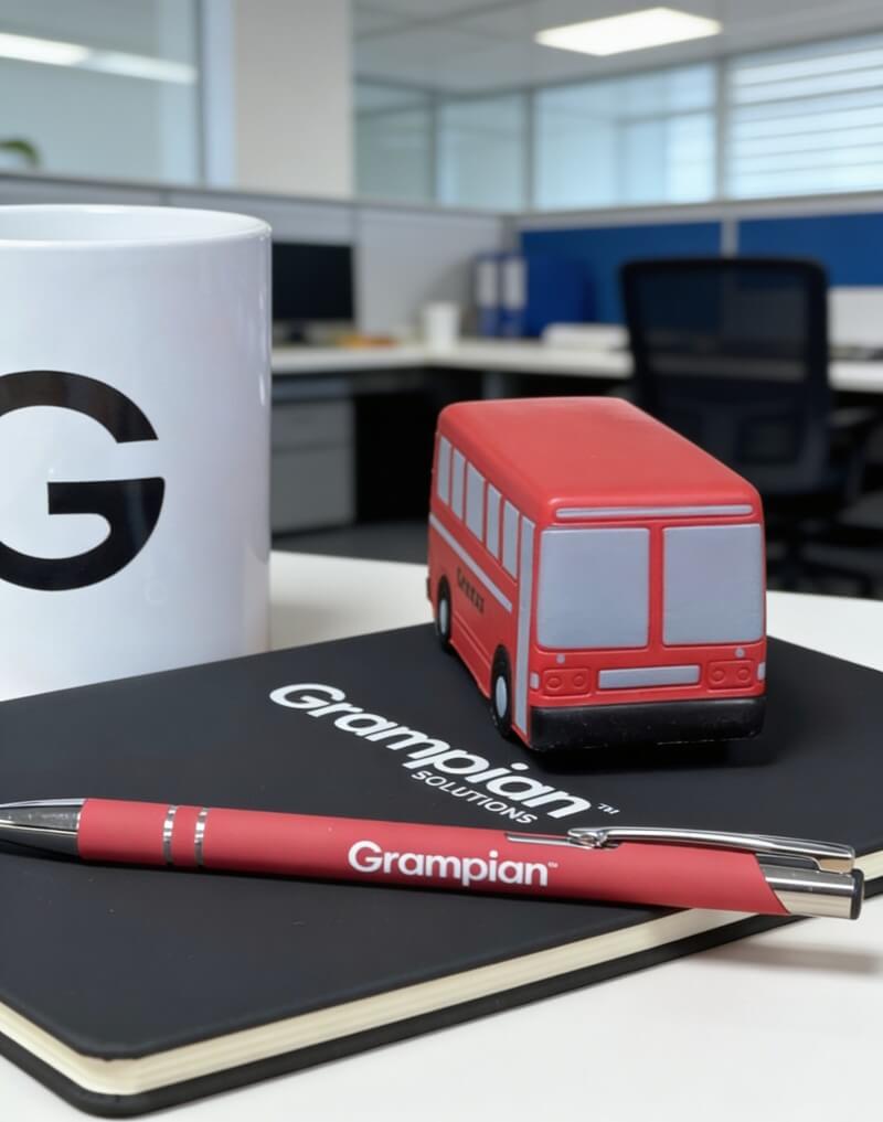 A red toy bus sits on a black notebook labeled "Grampian Solutions," next to a red pen with "Grampian" on it. A white mug with a large "G" is nearby. Office setting.